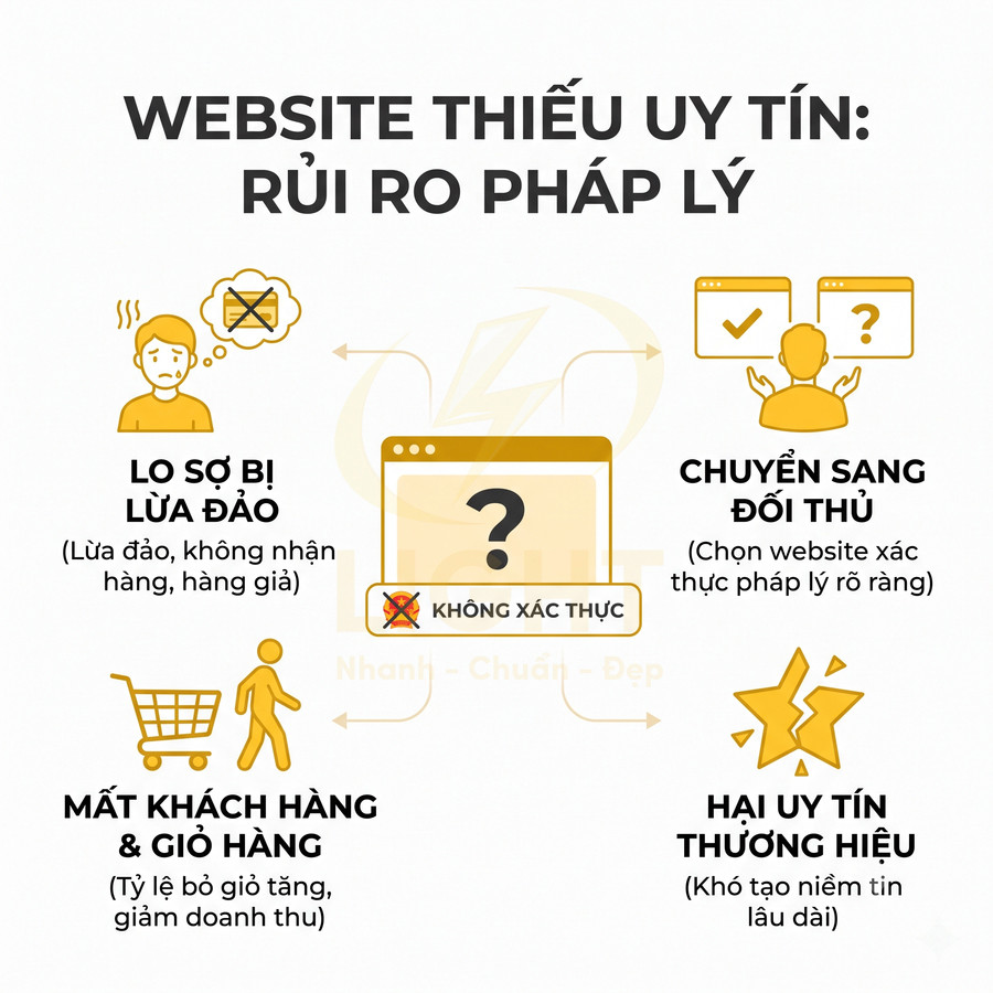 Infographic rủi ro pháp lý khi website thiếu uy tín như mất khách, lo sợ lừa đảo, hại uy tín thương hiệu